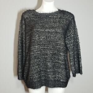 NWT Halogen Black Ivory Lurex Crewneck Fuzzy Sweater Size Large